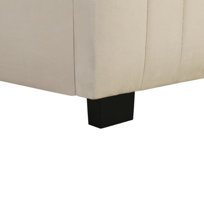 Beige twin upholstered platform bed with tufted velvet headboard and pull-out trundle, ideal for kids, teens, or guest rooms, in a soft neutral finish and space-saving design.

