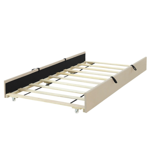 Beige twin upholstered platform bed with tufted velvet headboard and pull-out trundle, ideal for kids, teens, or guest rooms, in a soft neutral finish and space-saving design.


