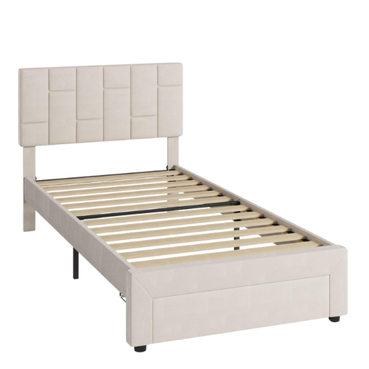 Beige twin upholstered platform bed with adjustable headboard and built-in footboard drawer, metal frame with underbed storage, modern design