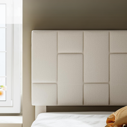 Beige twin upholstered platform bed with adjustable headboard and built-in footboard drawer, metal frame with underbed storage, modern design