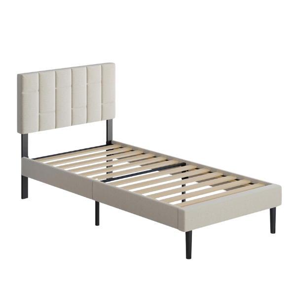 Beige twin platform bed frame with linen upholstered adjustable headboard, sturdy wooden slats, metal support frame, and underbed storage clearance.

