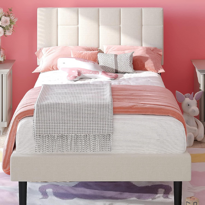 Beige twin platform bed frame with linen upholstered adjustable headboard, sturdy wooden slats, metal support frame, and underbed storage clearance.

