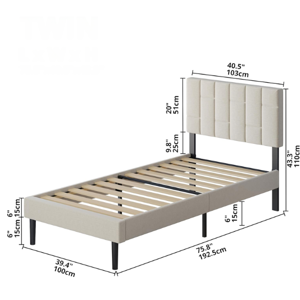 Beige twin platform bed frame with linen upholstered adjustable headboard, sturdy wooden slats, metal support frame, and underbed storage clearance.

