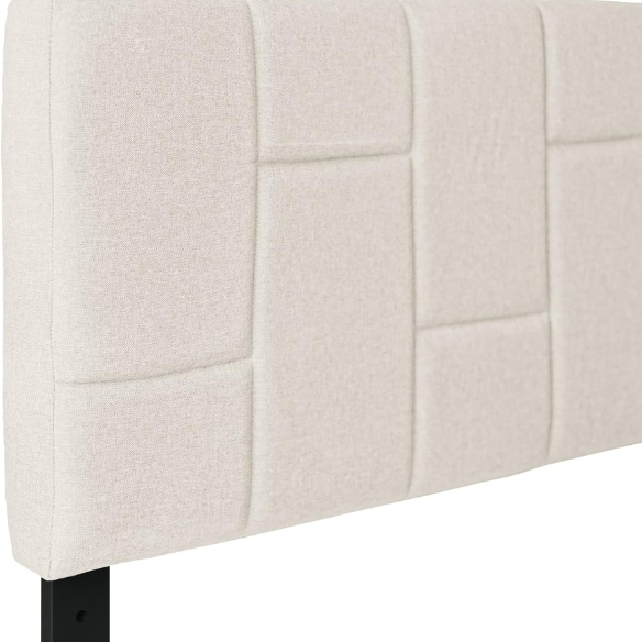 Beige twin platform bed frame with linen upholstered adjustable headboard, sturdy wooden slats, metal support frame, and underbed storage clearance.

