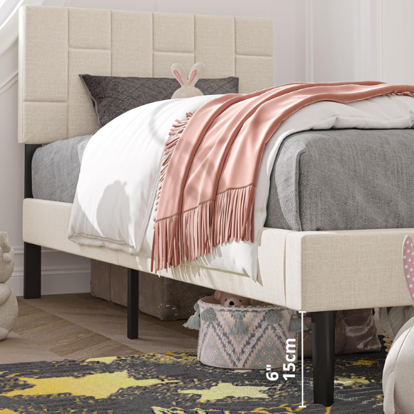 Beige twin platform bed frame with linen upholstered adjustable headboard, sturdy wooden slats, metal support frame, and underbed storage clearance.

