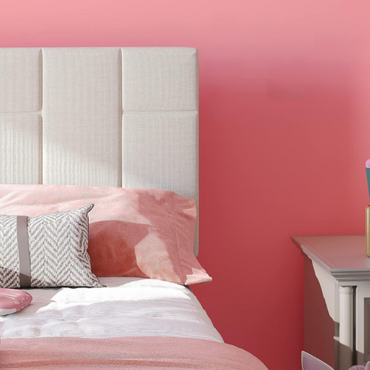 Beige twin platform bed frame with linen upholstered adjustable headboard, sturdy wooden slats, metal support frame, and underbed storage clearance.

