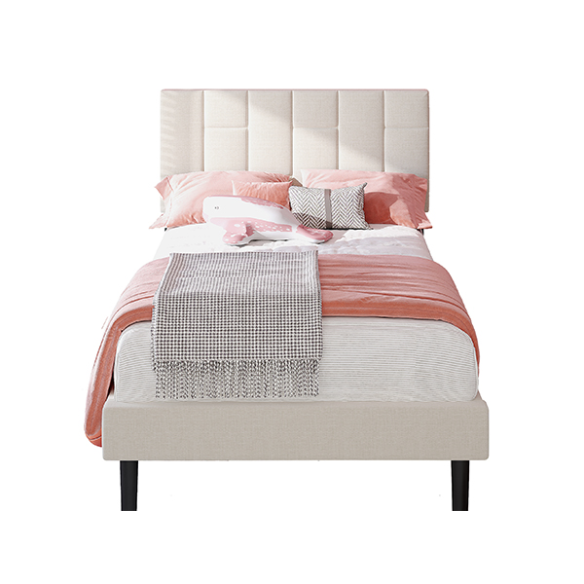 Beige twin platform bed frame with linen upholstered adjustable headboard, sturdy wooden slats, metal support frame, and underbed storage clearance.

