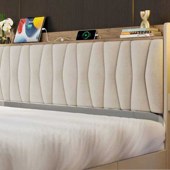 Beige twin upholstered platform bed with storage drawers, charging station, and padded headboard – modern no box spring bed frame for small spaces