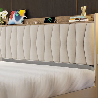 Beige twin upholstered platform bed with storage drawers, charging station, and padded headboard – modern no box spring bed frame for small spaces