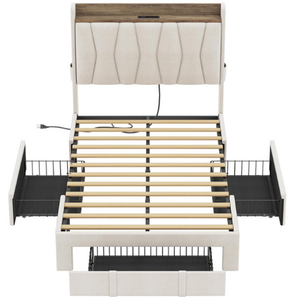 Beige twin upholstered platform bed with storage drawers, charging station, and padded headboard – modern no box spring bed frame for small spaces