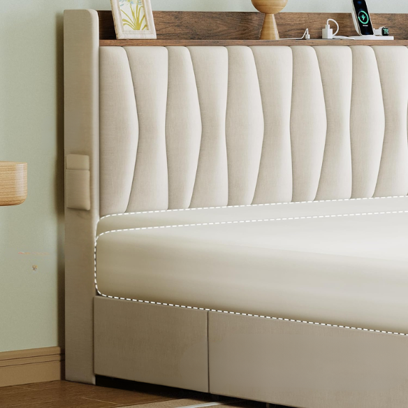 Beige twin upholstered platform bed with storage drawers, charging station, and padded headboard – modern no box spring bed frame for small spaces