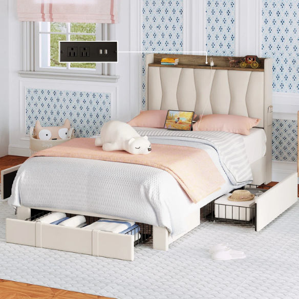 Beige twin upholstered platform bed with storage drawers, charging station, and padded headboard – modern no box spring bed frame for small spaces