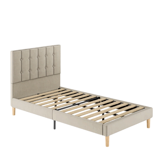 Beige twin bed frame with tufted velvet headboard, metal and wood construction, and 7.9-inch under-bed storage clearance.