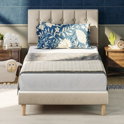 Beige twin bed frame with tufted velvet headboard, metal and wood construction, and 7.9-inch under-bed storage clearance.