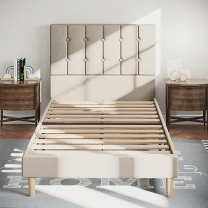 Beige twin bed frame with tufted velvet headboard, metal and wood construction, and 7.9-inch under-bed storage clearance.