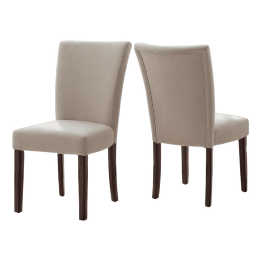 Set of 2 upholstered Parson dining chairs in beige fabric with espresso-finished wood legs and high backs, perfect for traditional and modern dining rooms.

