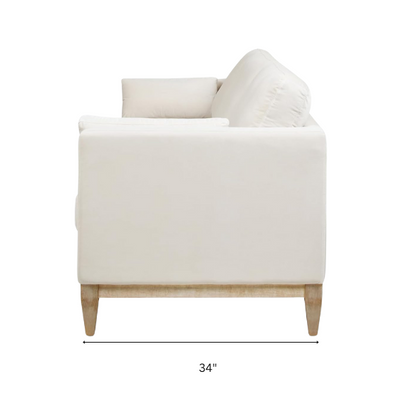 Beige velvet 3-seater sofa with square track arms, feather-down cushions, and natural wood legs, ideal for modern and transitional living rooms.

