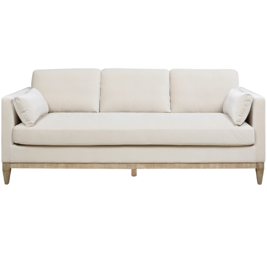 Beige velvet 3-seater sofa with square track arms, feather-down cushions, and natural wood legs, ideal for modern and transitional living rooms.

