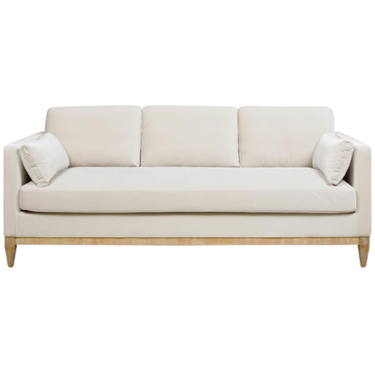 Beige velvet 3-seater sofa with square track arms, feather-down cushions, and natural wood legs, ideal for modern and transitional living rooms.

