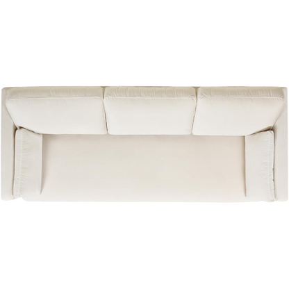 Beige velvet 3-seater sofa with square track arms, feather-down cushions, and natural wood legs, ideal for modern and transitional living rooms.

