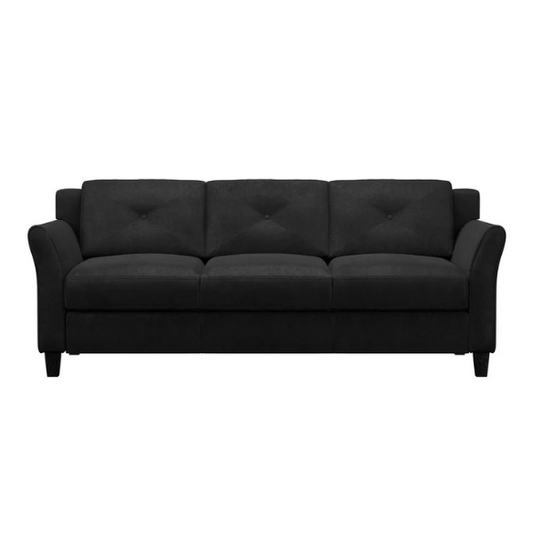 Modern 3-seater sofa upholstered in black microfiber with tufted back cushions, flared arms, and a durable eucalyptus wood frame – ideal for contemporary, transitional, or minimalist living rooms

