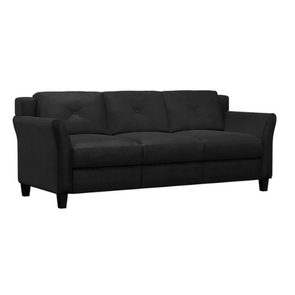 Modern 3-seater sofa upholstered in black microfiber with tufted back cushions, flared arms, and a durable eucalyptus wood frame – ideal for contemporary, transitional, or minimalist living rooms

