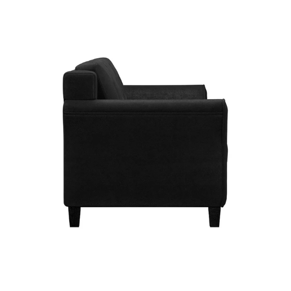 Modern 3-seater sofa upholstered in black microfiber with tufted back cushions, flared arms, and a durable eucalyptus wood frame – ideal for contemporary, transitional, or minimalist living rooms

