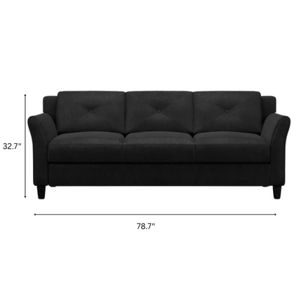 Modern 3-seater sofa upholstered in black microfiber with tufted back cushions, flared arms, and a durable eucalyptus wood frame – ideal for contemporary, transitional, or minimalist living rooms


