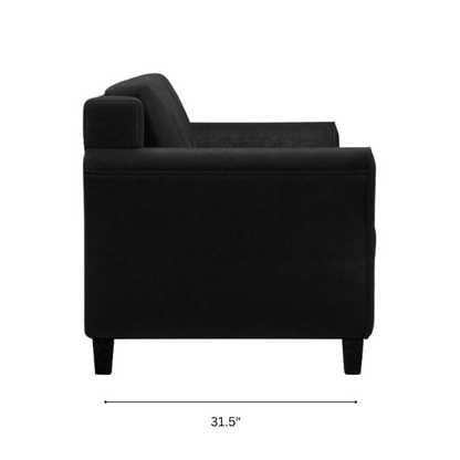 Modern 3-seater sofa upholstered in black microfiber with tufted back cushions, flared arms, and a durable eucalyptus wood frame – ideal for contemporary, transitional, or minimalist living rooms

