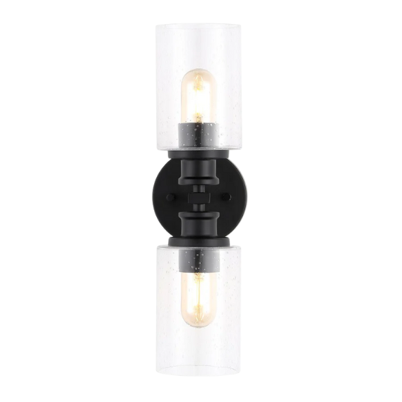 Art Deco-style black wall sconce with dual clear seeded glass cylinder shades and Edison-style LED bulbs, suitable for bathroom or hallway lighting

