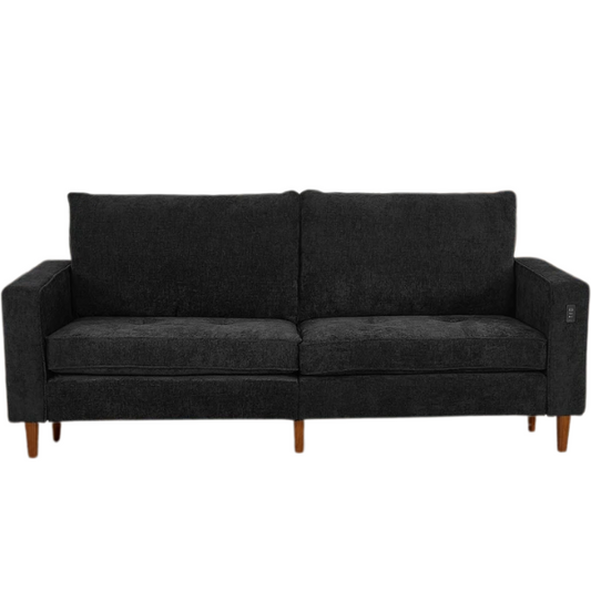 Modern black chenille loveseat with tufted back, square arms, wood legs, USB charging ports, and removable cushions—perfect for contemporary or transitional interiors

