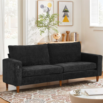 Modern black chenille loveseat with tufted back, square arms, wood legs, USB charging ports, and removable cushions—perfect for contemporary or transitional interiors

