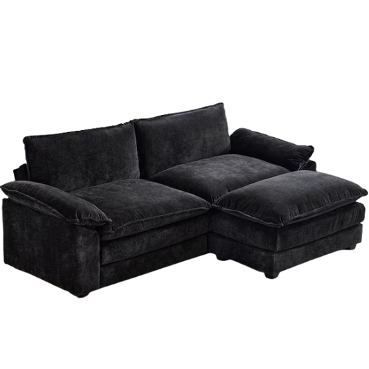 Black chenille modular cloud sofa with deep foam cushions, pillow top arms, and matching ottoman