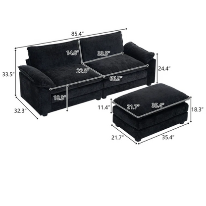 Black chenille modular cloud sofa with deep foam cushions, pillow top arms, and matching ottoman