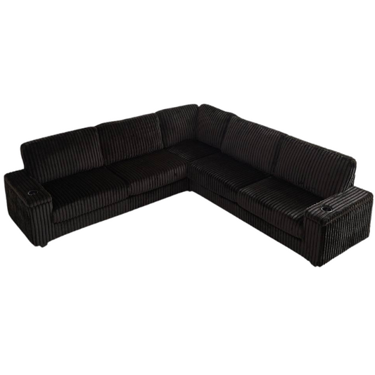 Black corduroy modular sectional sofa with five seats, USB charging ports, armrest storage, cup holders, and soft throw pillows