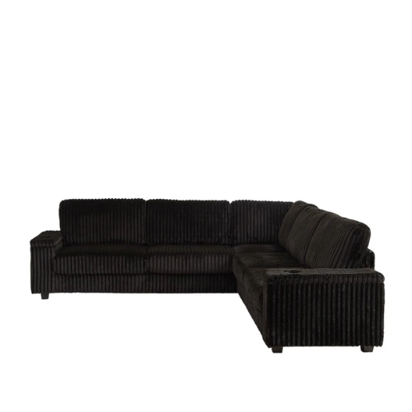 Black corduroy modular sectional sofa with five seats, USB charging ports, armrest storage, cup holders, and soft throw pillows