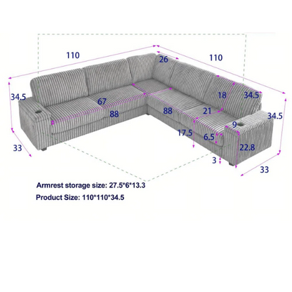 Black corduroy modular sectional sofa with five seats, USB charging ports, armrest storage, cup holders, and soft throw pillows