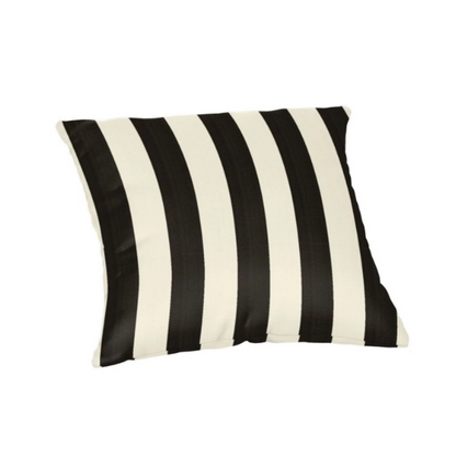 Striped accent pillow in black and cream – weather-resistant and reversible with plush polyester fill, ideal for indoor or outdoor use on patios, decks, or sofas.

