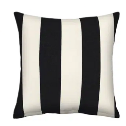 Striped accent pillow in black and cream – weather-resistant and reversible with plush polyester fill, ideal for indoor or outdoor use on patios, decks, or sofas.

