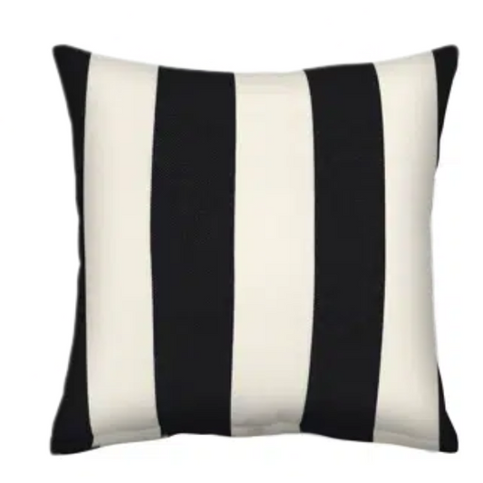 Striped accent pillow in black and cream – weather-resistant and reversible with plush polyester fill, ideal for indoor or outdoor use on patios, decks, or sofas.

