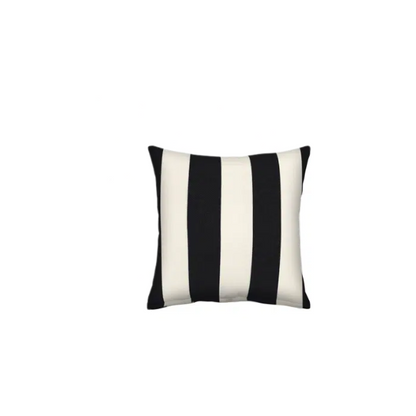 Striped accent pillow in black and cream – weather-resistant and reversible with plush polyester fill, ideal for indoor or outdoor use on patios, decks, or sofas.

