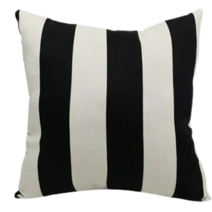 Striped accent pillow in black and cream – weather-resistant and reversible with plush polyester fill, ideal for indoor or outdoor use on patios, decks, or sofas.


