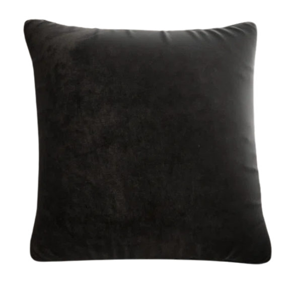 Black crushed velvet throw pillow, 16x16 square with soft texture and reversible design, styled on a modern sofa for elegant, cozy home decor.

