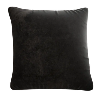 Black crushed velvet throw pillow, 16x16 square with soft texture and reversible design, styled on a modern sofa for elegant, cozy home decor.


