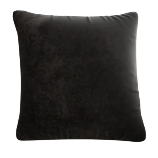 Black crushed velvet throw pillow, 16x16 square with soft texture and reversible design, styled on a modern sofa for elegant, cozy home decor.

