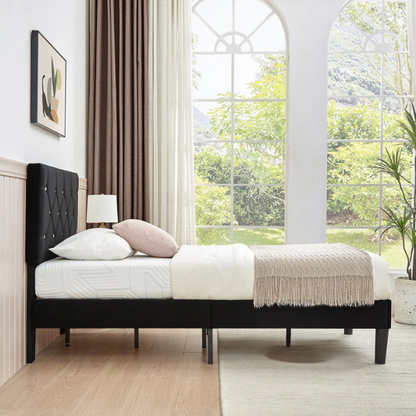 Black twin size upholstered bed frame with diamond-tufted velvet headboard, gem detailing, and modern platform design