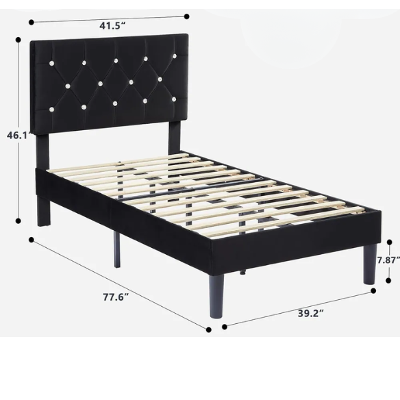 Black twin size upholstered bed frame with diamond-tufted velvet headboard, gem detailing, and modern platform design