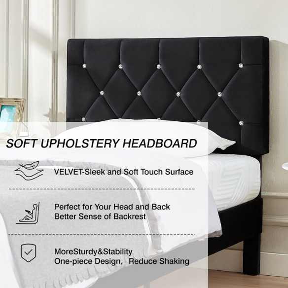 Black twin size upholstered bed frame with diamond-tufted velvet headboard, gem detailing, and modern platform design