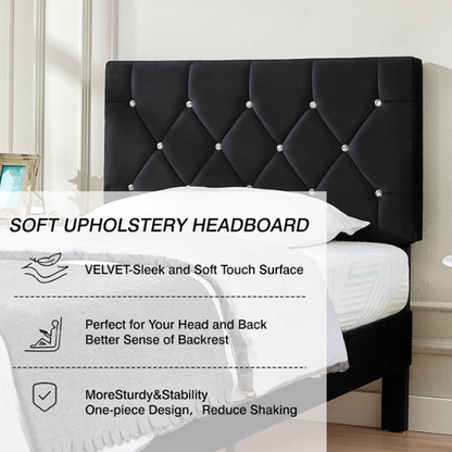 Black twin size upholstered bed frame with diamond-tufted velvet headboard, gem detailing, and modern platform design