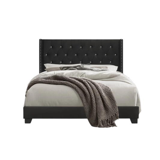 Black faux leather full size bed with button-tufted wingback headboard, nailhead trim, and low-profile frame.